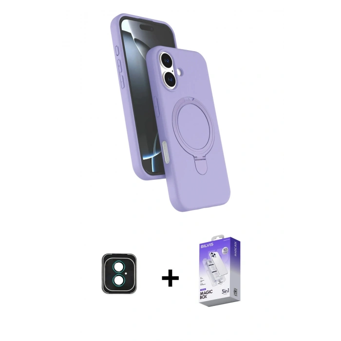 MARSİLYAN™- iPhone 16 Kılıf İz Işık Koleksiyonu - Siyah Bilvis 5in1 3D Magic Cam Ekran Koruyucu + PVD Metal Kamera Lens - YL
