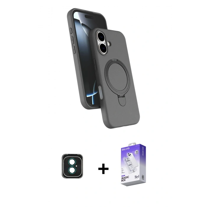 MARSİLYAN™- iPhone 16 Kılıf İz Işık Koleksiyonu - Siyah Bilvis 5in1 3D Magic Cam Ekran Koruyucu + PVD Metal Kamera Lens - YL