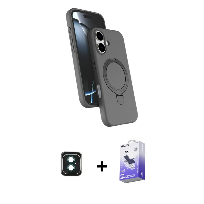 MARSİLYAN™- iPhone 16 Kılıf İz Işık Koleksiyonu - Siyah Bilvis 5in1 5D Magic Hayalet Cam Ekran Koruyucu + PVD Metal Kamera Lens - YL