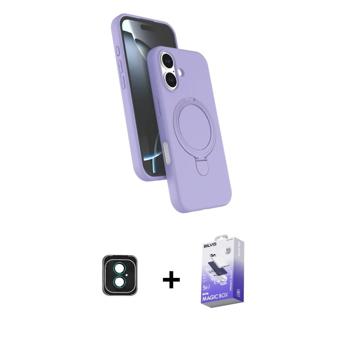 MARSİLYAN™- iPhone 16 Kılıf İz Işık Koleksiyonu - Siyah Bilvis 5in1 5D Magic Hayalet Cam Ekran Koruyucu + PVD Metal Kamera Lens - YL