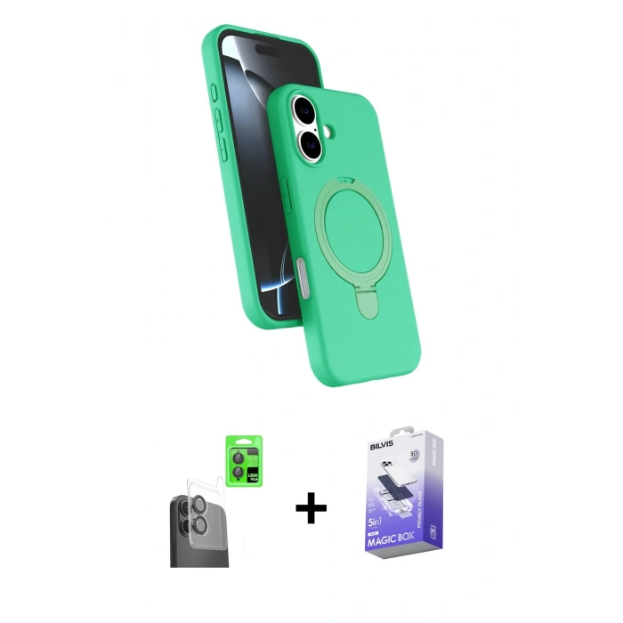 MARSİLYAN™- iPhone 16 Kılıf İz Işık Koleksiyonu - Siyah Bilvis 5in1 5D Magic Hayalet Cam Ekran Koruyucu + Raze Metal Kamera Lens - SH