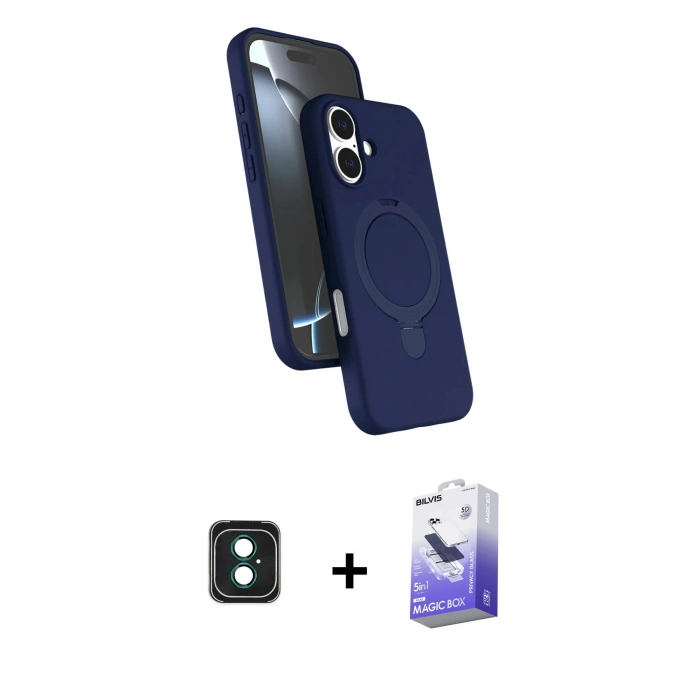 MARSİLYAN™- iPhone 16 Kılıf İz Işık Koleksiyonu - Siyah Bilvis 5in1 5D Magic Hayalet Cam Ekran Koruyucu + PVD Metal Kamera Lens - YL