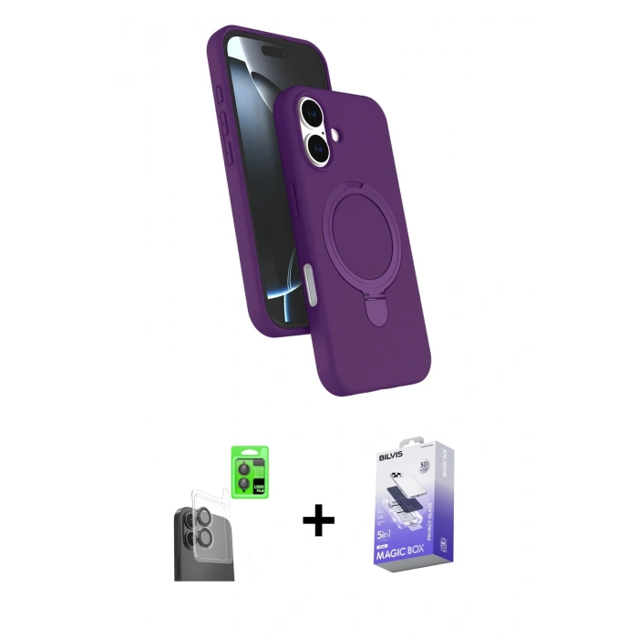 MARSİLYAN™- iPhone 16 Kılıf İz Işık Koleksiyonu - Siyah Bilvis 5in1 5D Magic Hayalet Cam Ekran Koruyucu + Raze Metal Kamera Lens - SH