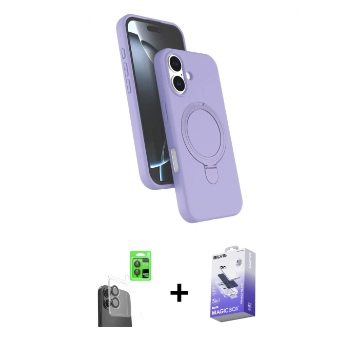 MARSİLYAN™- iPhone 16 Kılıf İz Işık Koleksiyonu - Siyah Bilvis 5in1 5D Magic Hayalet Cam Ekran Koruyucu + Raze Metal Kamera Lens - SH