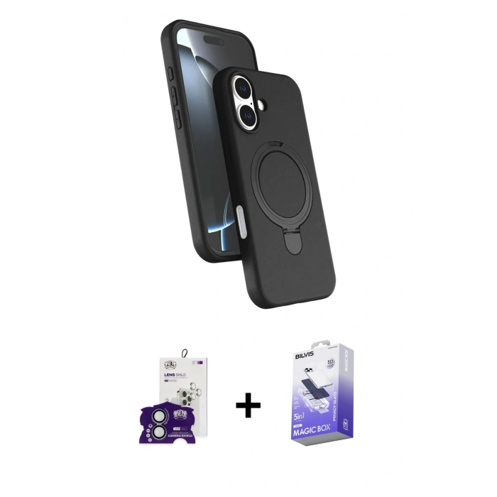 MARSİLYAN™- iPhone 16 Kılıf İz Işık Koleksiyonu - Siyah Bilvis 5in1 5D Magic Hayalet Cam Ekran Koruyucu + Bilvis Titan Kamera Lens - YL