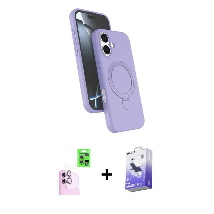 MARSİLYAN™- iPhone 16 Kılıf İz Işık Koleksiyonu - Siyah Bilvis 5in1 5D Magic Hayalet Cam Ekran Koruyucu + Raze Metal Kamera Lens - PE
