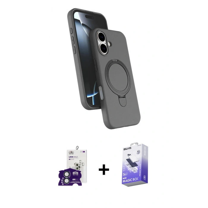 MARSİLYAN™- iPhone 16 Kılıf İz Işık Koleksiyonu - Siyah Bilvis 5in1 5D Magic Hayalet Cam Ekran Koruyucu + Bilvis Titan Kamera Lens - YL