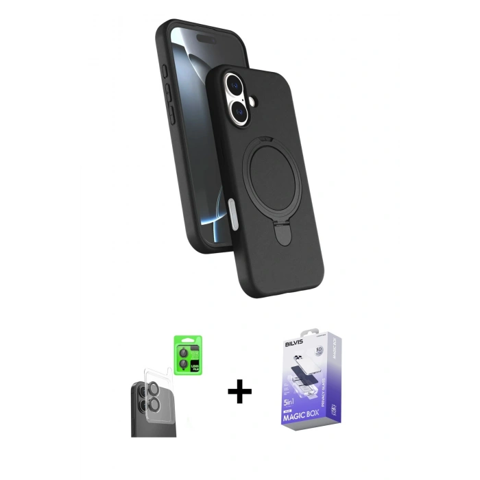 MARSİLYAN™- iPhone 16 Kılıf İz Işık Koleksiyonu - Siyah Bilvis 5in1 5D Magic Hayalet Cam Ekran Koruyucu + Raze Metal Kamera Lens - SH