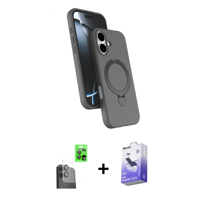 MARSİLYAN™- iPhone 16 Kılıf İz Işık Koleksiyonu - Siyah Bilvis 5in1 5D Magic Hayalet Cam Ekran Koruyucu + Raze Metal Kamera Lens - SH