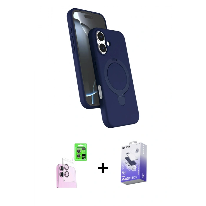 MARSİLYAN™- iPhone 16 Kılıf İz Işık Koleksiyonu - Siyah Bilvis 5in1 5D Magic Hayalet Cam Ekran Koruyucu + Raze Metal Kamera Lens - PE