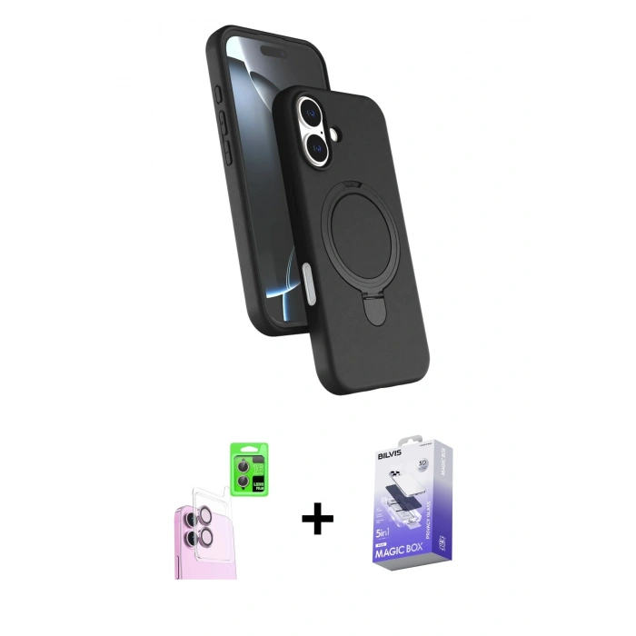 MARSİLYAN™- iPhone 16 Kılıf İz Işık Koleksiyonu - Siyah Bilvis 5in1 5D Magic Hayalet Cam Ekran Koruyucu + Raze Metal Kamera Lens - PE