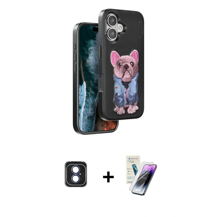 MARSİLYAN™- iPhone 16 Kılıf İz Minimal Koleksiyonu - Şeffaf Pasifik Cam Ekran Koruyucu + PVD Metal Kamera Lens - MI