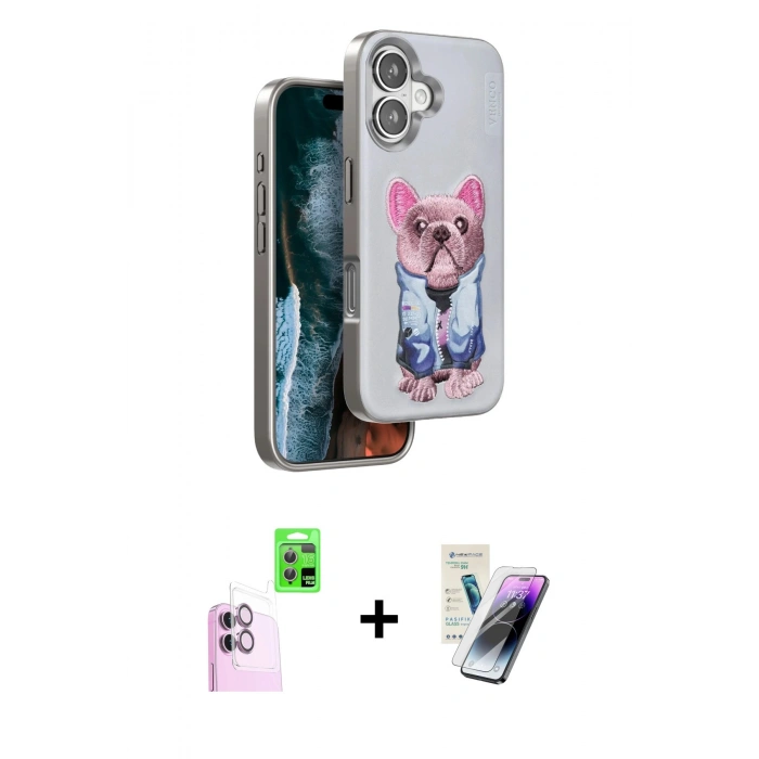 MARSİLYAN™- iPhone 16 Kılıf İz Minimal Koleksiyonu - Şeffaf Pasifik Cam Ekran Koruyucu + Raze Metal Kamera Lens - PE