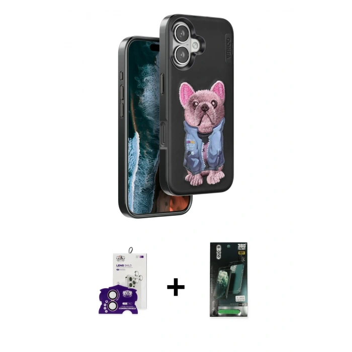 MARSİLYAN™- iPhone 16 Kılıf İz Minimal Koleksiyonu - Siyah 360 Mat Full Body Arka Koruyucu + Bilvis Titan Kamera Lens - PE