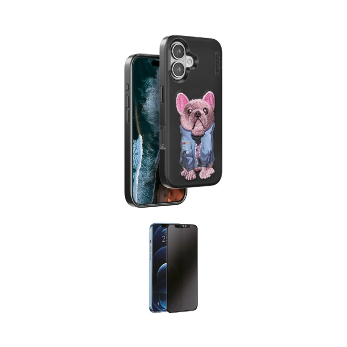 MARSİLYAN™- iPhone 16 Kılıf İz Minimal Koleksiyonu - Siyah 3D Antistatik Hayalet Cam Ekran Koruyucu