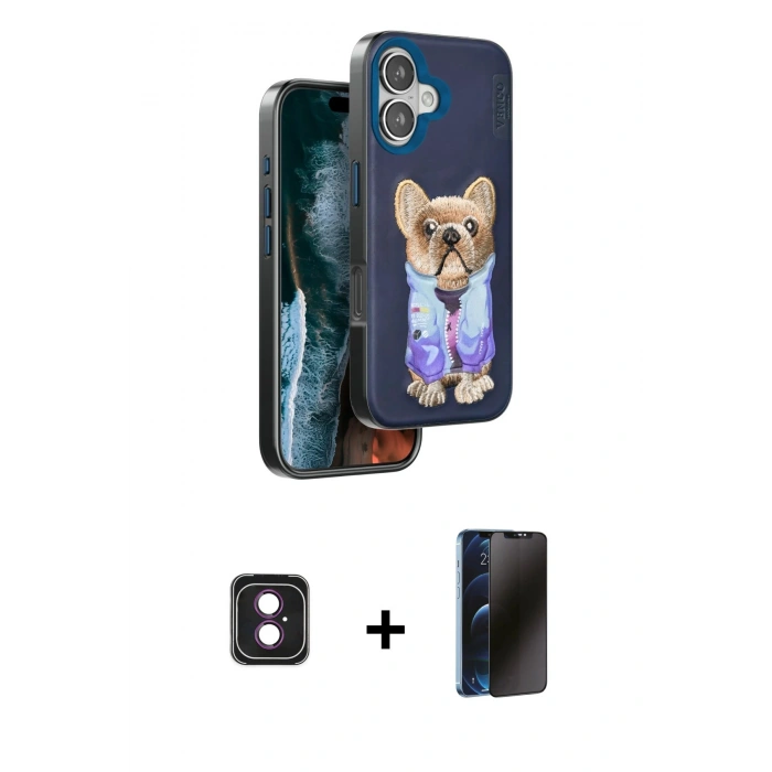 MARSİLYAN™- iPhone 16 Kılıf İz Minimal Koleksiyonu - Siyah 3D Antistatik Hayalet Cam Ekran Koruyucu + PVD Metal Kamera Lens - PE