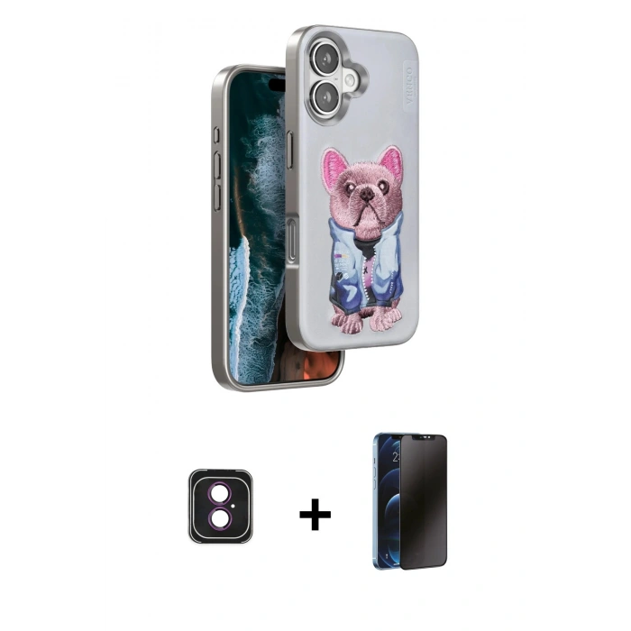 MARSİLYAN™- iPhone 16 Kılıf İz Minimal Koleksiyonu - Siyah 3D Antistatik Hayalet Cam Ekran Koruyucu + PVD Metal Kamera Lens - PE
