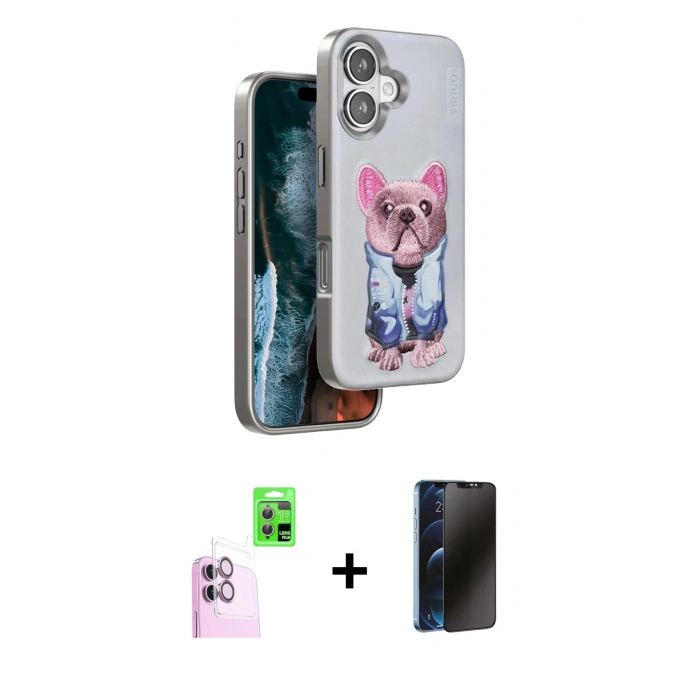 MARSİLYAN™- iPhone 16 Kılıf İz Minimal Koleksiyonu - Siyah 3D Antistatik Hayalet Cam Ekran Koruyucu + Raze Metal Kamera Lens - PE