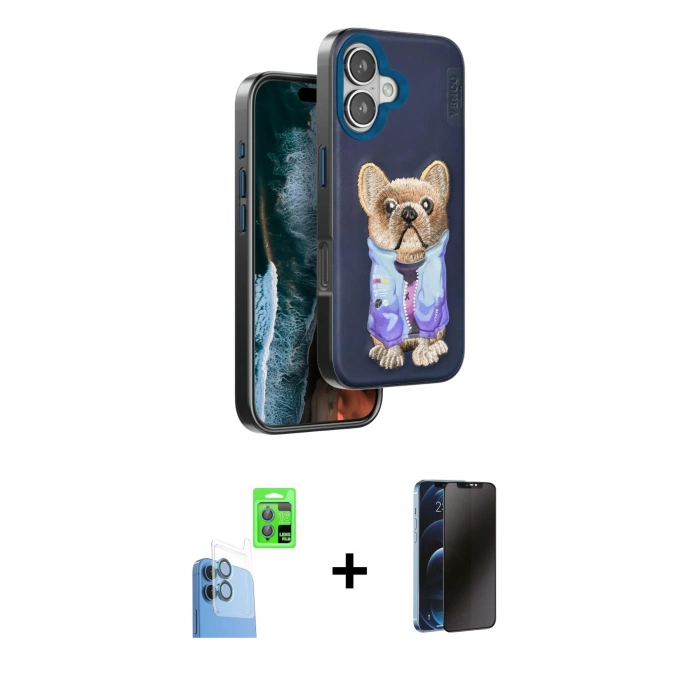 MARSİLYAN™- iPhone 16 Kılıf İz Minimal Koleksiyonu - Siyah 3D Antistatik Hayalet Cam Ekran Koruyucu + Raze Metal Kamera Lens - LT