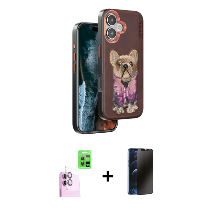 MARSİLYAN™- iPhone 16 Kılıf İz Minimal Koleksiyonu - Siyah 3D Antistatik Hayalet Cam Ekran Koruyucu + Raze Metal Kamera Lens - PE