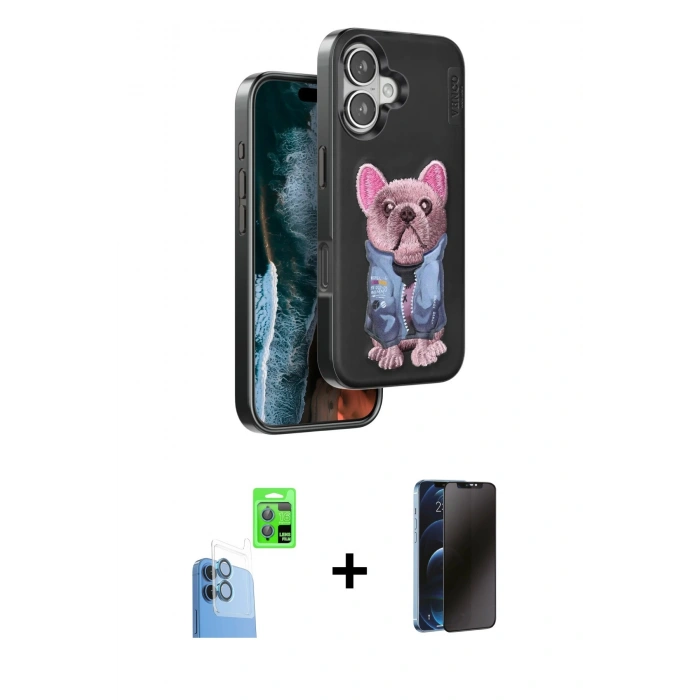 MARSİLYAN™- iPhone 16 Kılıf İz Minimal Koleksiyonu - Siyah 3D Antistatik Hayalet Cam Ekran Koruyucu + Raze Metal Kamera Lens - LT