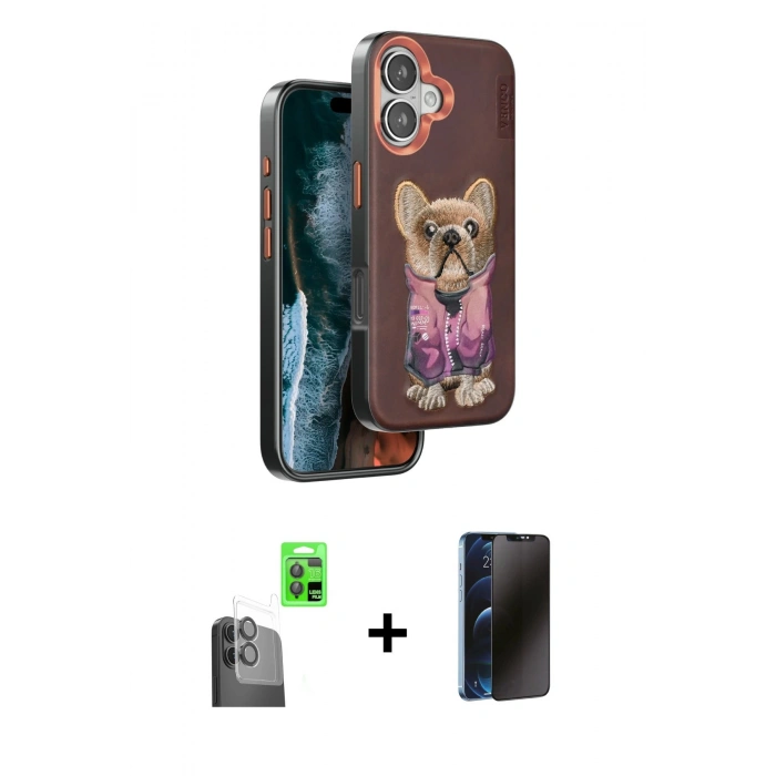 MARSİLYAN™- iPhone 16 Kılıf İz Minimal Koleksiyonu - Siyah 3D Antistatik Hayalet Cam Ekran Koruyucu + Raze Metal Kamera Lens - SH