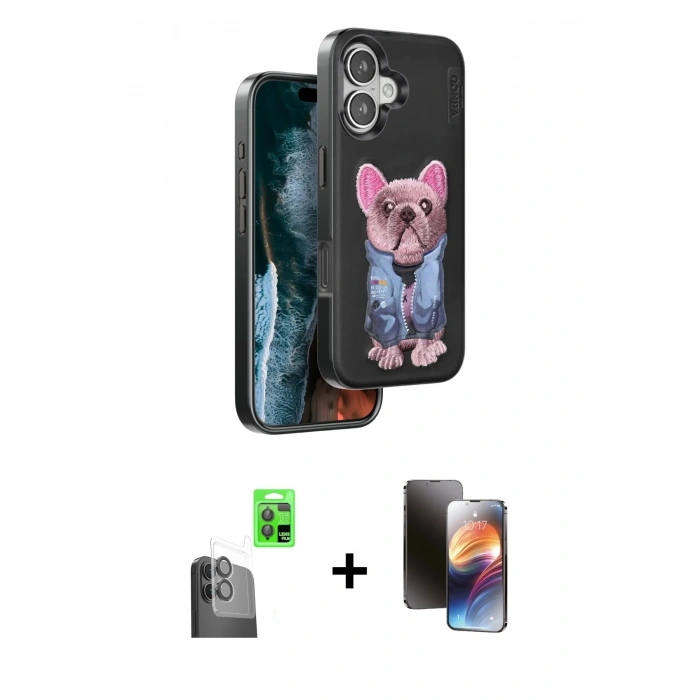 MARSİLYAN™- iPhone 16 Kılıf İz Minimal Koleksiyonu - Siyah 3D Antistatik Mat Seramik Nano Ekran Koruyucu + Raze Metal Kamera Lens - SH