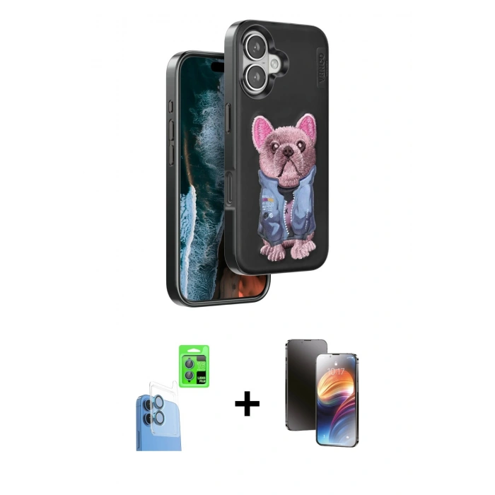 MARSİLYAN™- iPhone 16 Kılıf İz Minimal Koleksiyonu - Siyah 3D Antistatik Mat Seramik Nano Ekran Koruyucu + Raze Metal Kamera Lens - LT