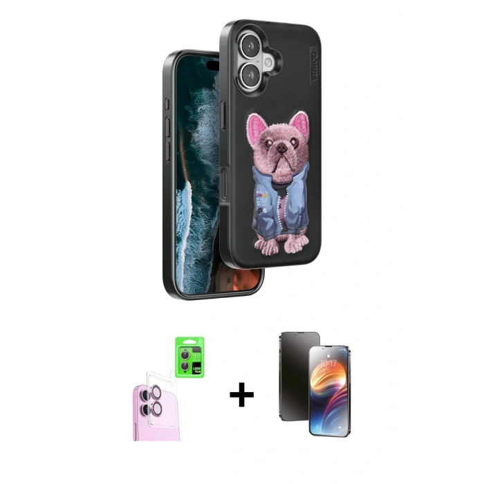 MARSİLYAN™- iPhone 16 Kılıf İz Minimal Koleksiyonu - Siyah 3D Antistatik Mat Seramik Nano Ekran Koruyucu + Raze Metal Kamera Lens - PE