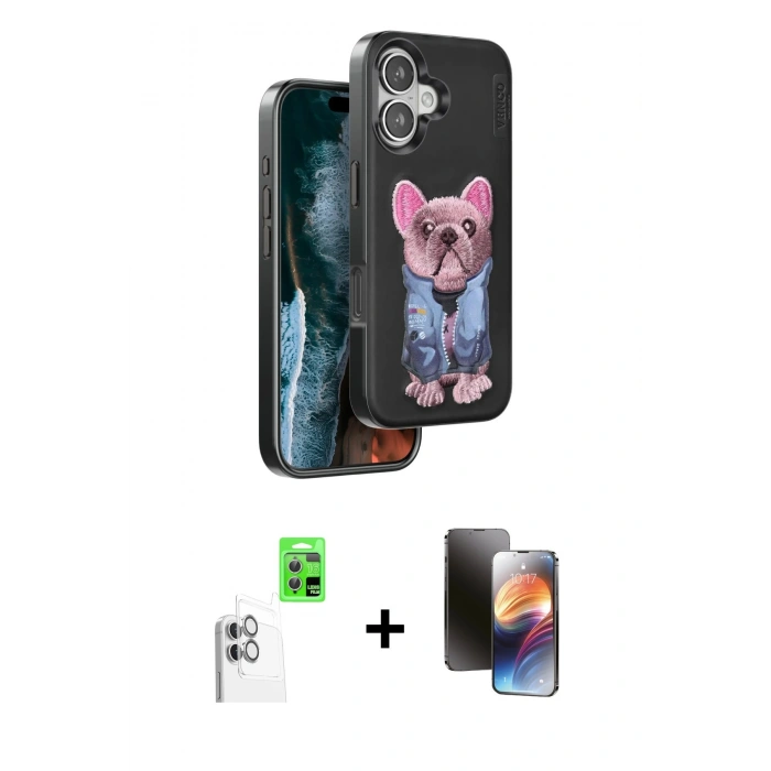 MARSİLYAN™- iPhone 16 Kılıf İz Minimal Koleksiyonu - Siyah 3D Antistatik Mat Seramik Nano Ekran Koruyucu + Raze Metal Kamera Lens - BZ