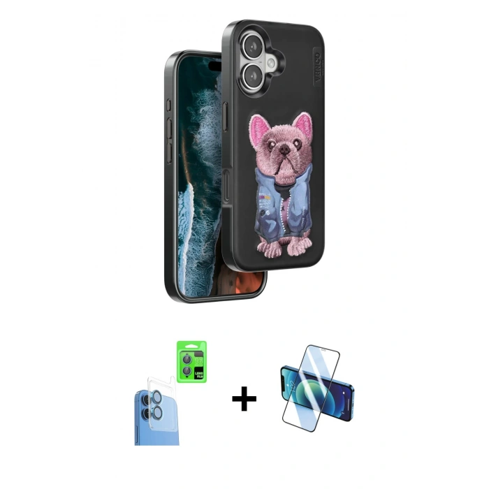 MARSİLYAN™- iPhone 16 Kılıf İz Minimal Koleksiyonu - Siyah 3D Antistatik Seramik Nano Ekran Koruyucu + Raze Metal Kamera Lens - LT