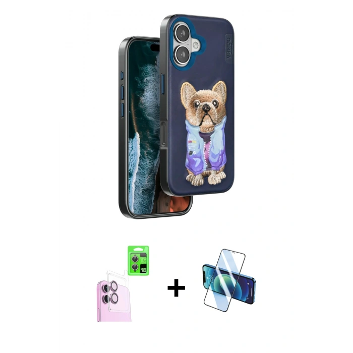 MARSİLYAN™- iPhone 16 Kılıf İz Minimal Koleksiyonu - Siyah 3D Antistatik Seramik Nano Ekran Koruyucu + Raze Metal Kamera Lens - PE