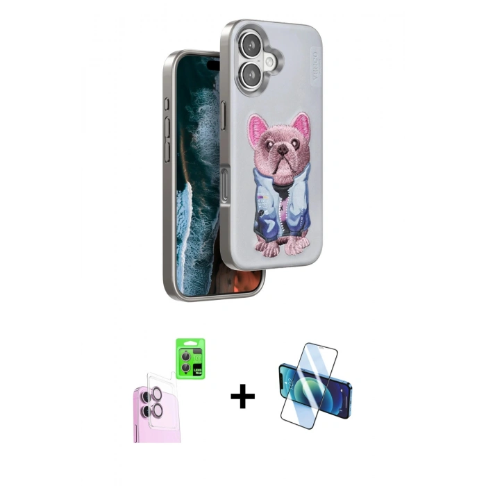 MARSİLYAN™- iPhone 16 Kılıf İz Minimal Koleksiyonu - Siyah 3D Antistatik Seramik Nano Ekran Koruyucu + Raze Metal Kamera Lens - PE