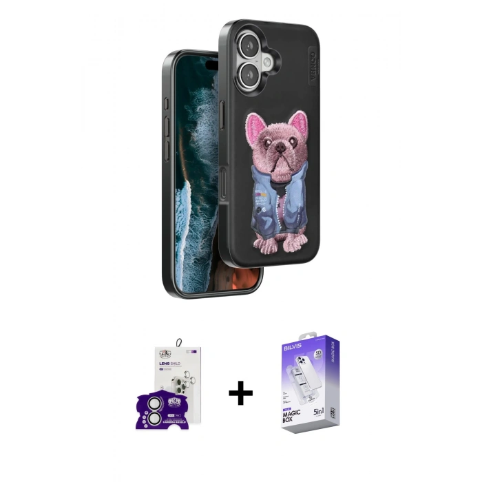 MARSİLYAN™- iPhone 16 Kılıf İz Minimal Koleksiyonu - Siyah Bilvis 5in1 3D Magic Cam Ekran Koruyucu + Bilvis Titan Kamera Lens - GS