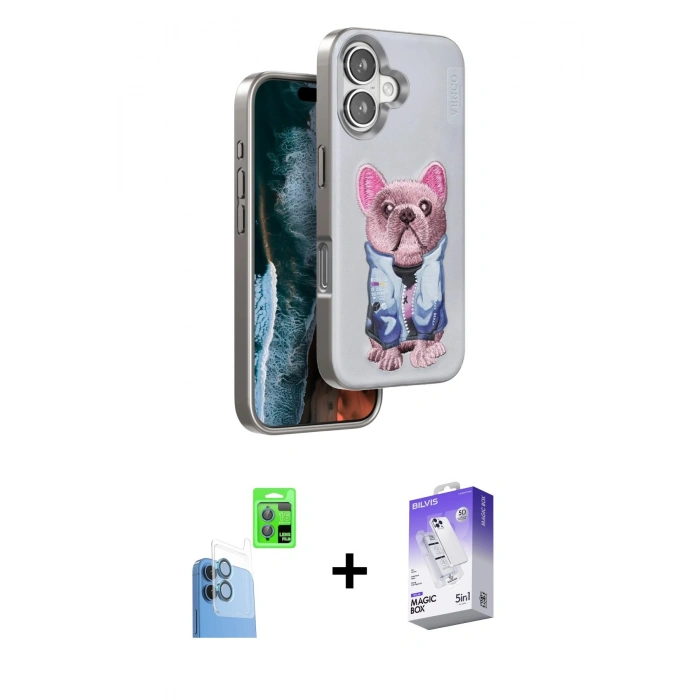 MARSİLYAN™- iPhone 16 Kılıf İz Minimal Koleksiyonu - Siyah Bilvis 5in1 3D Magic Cam Ekran Koruyucu + Raze Metal Kamera Lens - LT