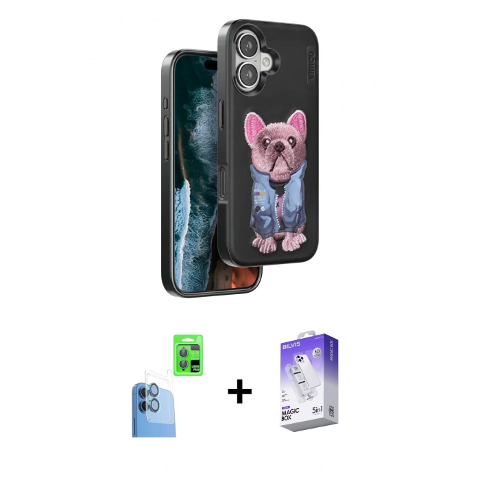 MARSİLYAN™- iPhone 16 Kılıf İz Minimal Koleksiyonu - Siyah Bilvis 5in1 3D Magic Cam Ekran Koruyucu + Raze Metal Kamera Lens - LT