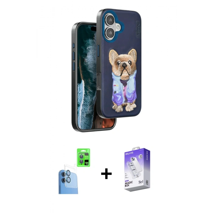 MARSİLYAN™- iPhone 16 Kılıf İz Minimal Koleksiyonu - Siyah Bilvis 5in1 3D Magic Cam Ekran Koruyucu + Raze Metal Kamera Lens - LT