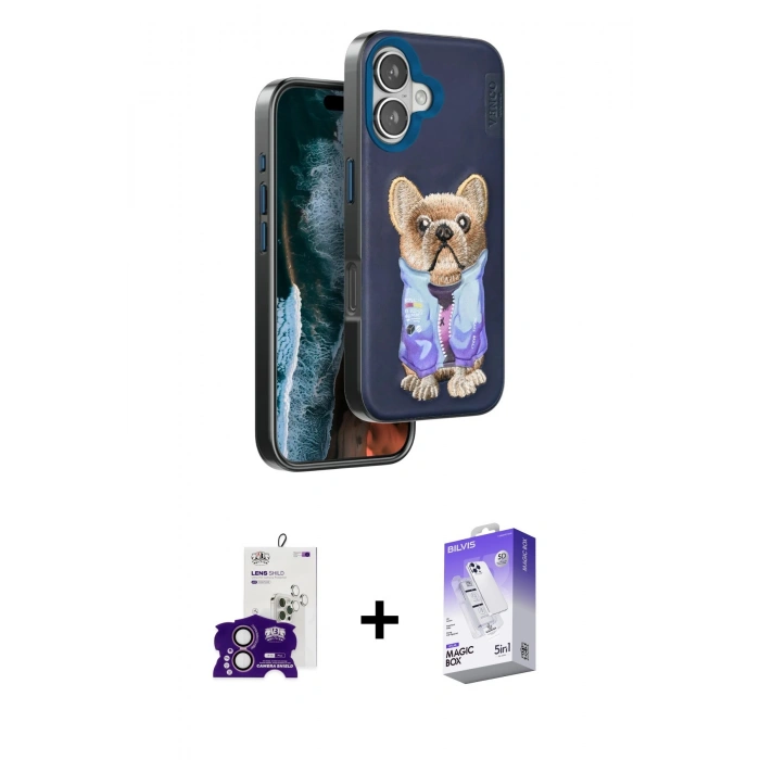 MARSİLYAN™- iPhone 16 Kılıf İz Minimal Koleksiyonu - Siyah Bilvis 5in1 3D Magic Cam Ekran Koruyucu + Bilvis Titan Kamera Lens - PE