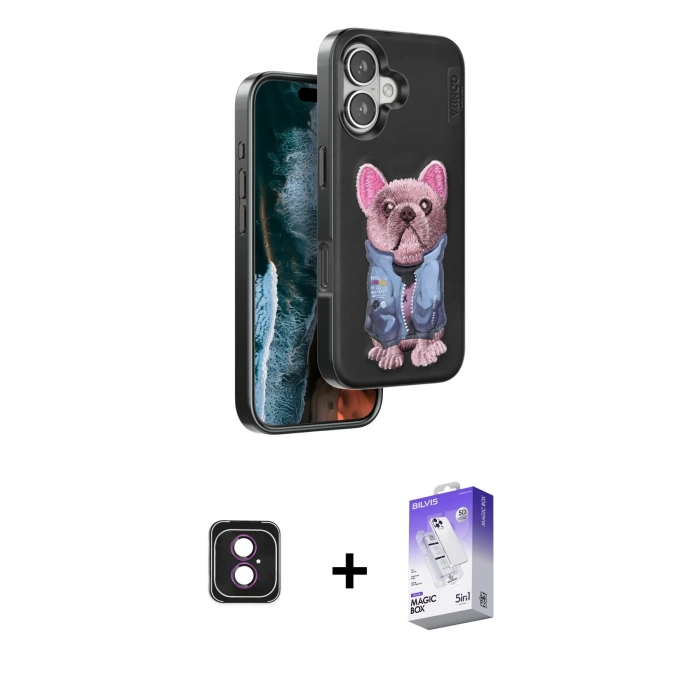MARSİLYAN™- iPhone 16 Kılıf İz Minimal Koleksiyonu - Siyah Bilvis 5in1 3D Magic Cam Ekran Koruyucu + PVD Metal Kamera Lens - PE