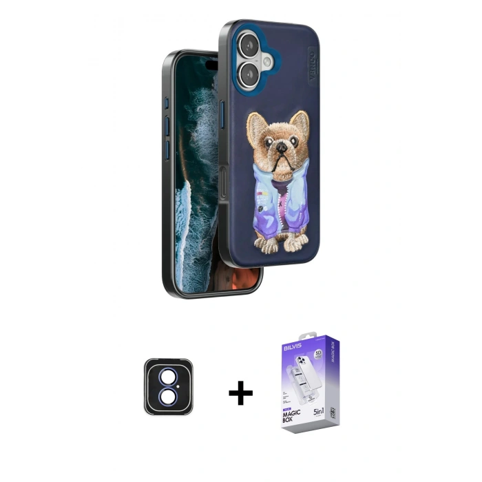 MARSİLYAN™- iPhone 16 Kılıf İz Minimal Koleksiyonu - Siyah Bilvis 5in1 3D Magic Cam Ekran Koruyucu + PVD Metal Kamera Lens - MI