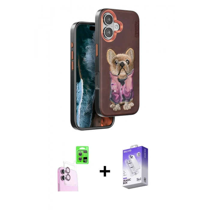 MARSİLYAN™- iPhone 16 Kılıf İz Minimal Koleksiyonu - Siyah Bilvis 5in1 3D Magic Cam Ekran Koruyucu + Raze Metal Kamera Lens - PE