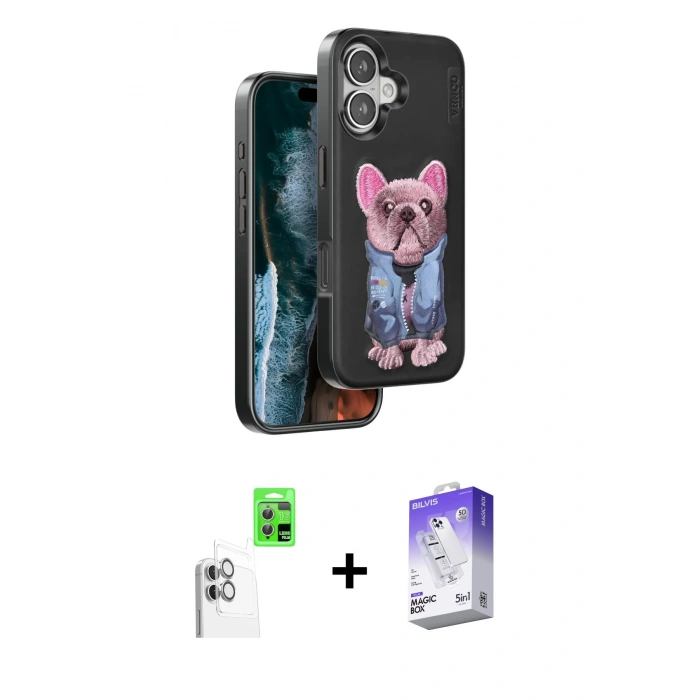 MARSİLYAN™- iPhone 16 Kılıf İz Minimal Koleksiyonu - Siyah Bilvis 5in1 3D Magic Cam Ekran Koruyucu + Raze Metal Kamera Lens - BZ