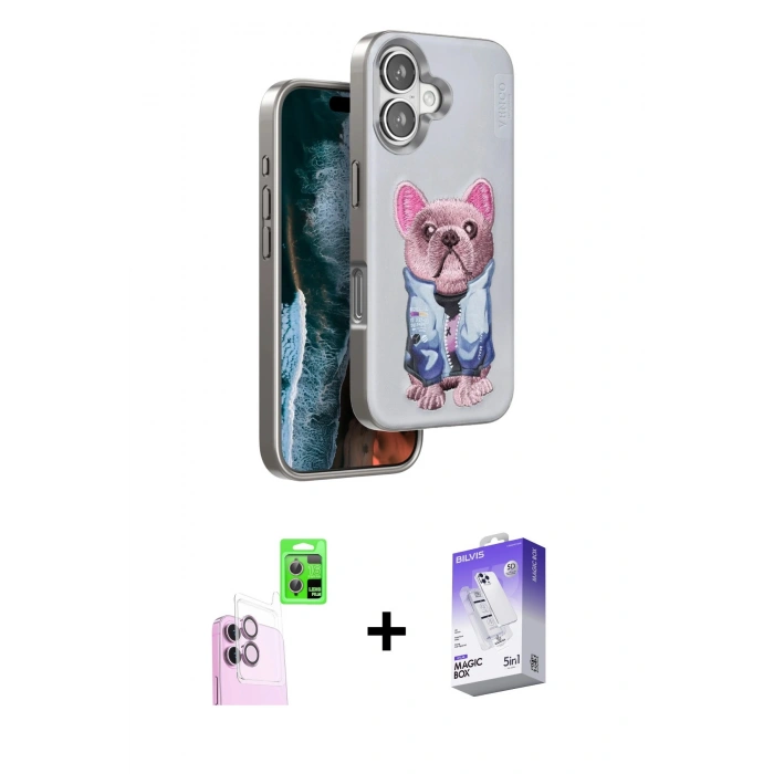 MARSİLYAN™- iPhone 16 Kılıf İz Minimal Koleksiyonu - Siyah Bilvis 5in1 3D Magic Cam Ekran Koruyucu + Raze Metal Kamera Lens - PE