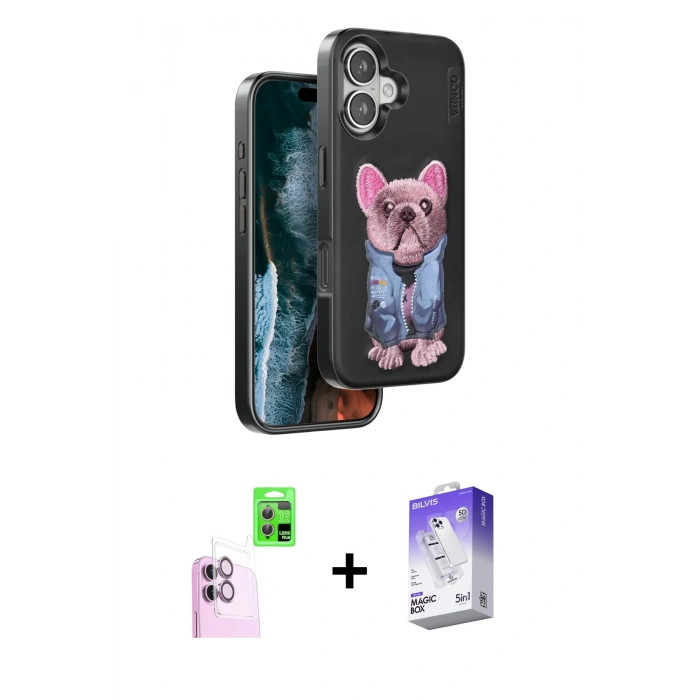 MARSİLYAN™- iPhone 16 Kılıf İz Minimal Koleksiyonu - Siyah Bilvis 5in1 3D Magic Cam Ekran Koruyucu + Raze Metal Kamera Lens - PE