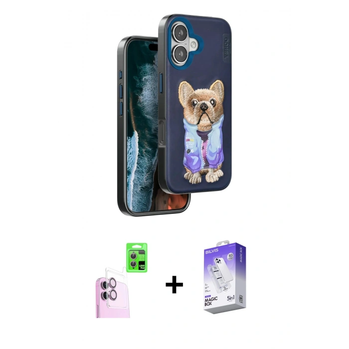 MARSİLYAN™- iPhone 16 Kılıf İz Minimal Koleksiyonu - Siyah Bilvis 5in1 3D Magic Cam Ekran Koruyucu + Raze Metal Kamera Lens - PE