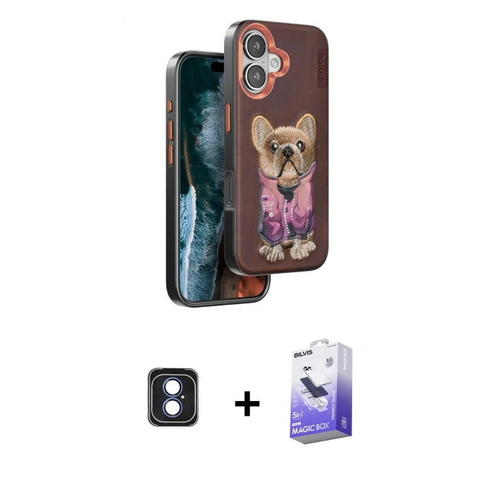 MARSİLYAN™- iPhone 16 Kılıf İz Minimal Koleksiyonu - Siyah Bilvis 5in1 5D Magic Hayalet Cam Ekran Koruyucu + PVD Metal Kamera Lens - MI
