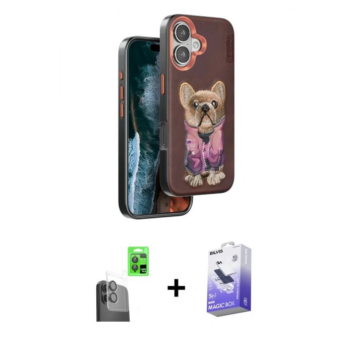 MARSİLYAN™- iPhone 16 Kılıf İz Minimal Koleksiyonu - Siyah Bilvis 5in1 5D Magic Hayalet Cam Ekran Koruyucu + Raze Metal Kamera Lens - SH