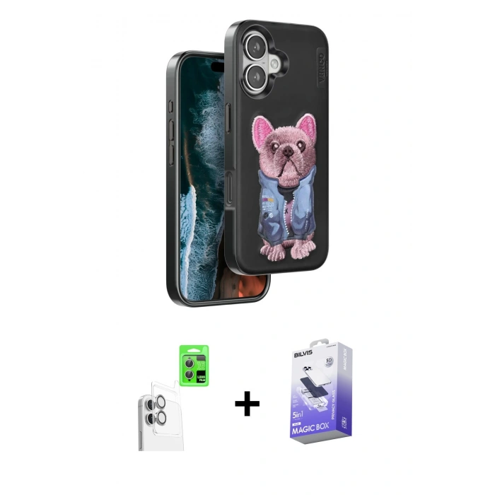 MARSİLYAN™- iPhone 16 Kılıf İz Minimal Koleksiyonu - Siyah Bilvis 5in1 5D Magic Hayalet Cam Ekran Koruyucu + Raze Metal Kamera Lens - BZ