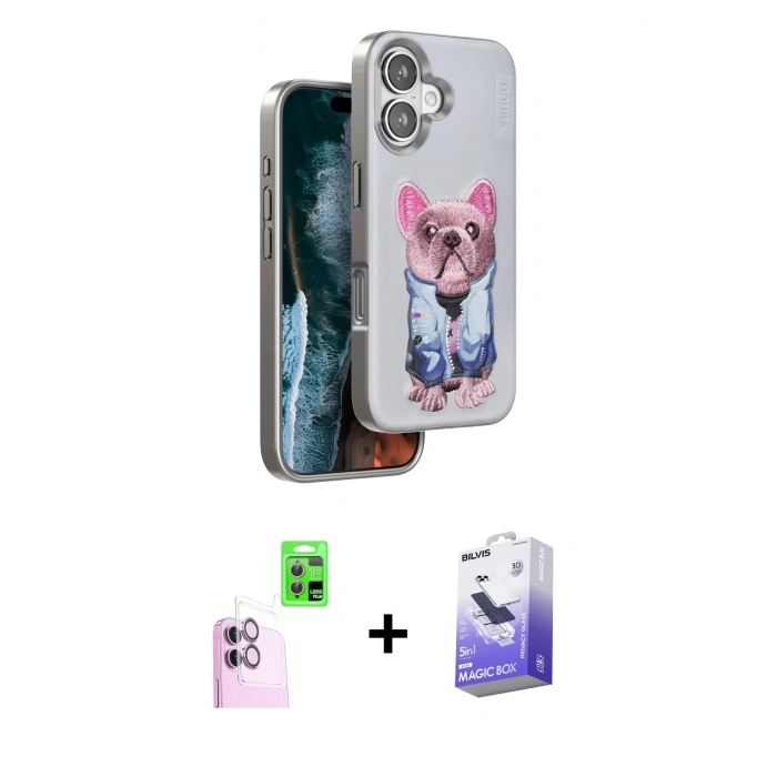 MARSİLYAN™- iPhone 16 Kılıf İz Minimal Koleksiyonu - Siyah Bilvis 5in1 5D Magic Hayalet Cam Ekran Koruyucu + Raze Metal Kamera Lens - PE