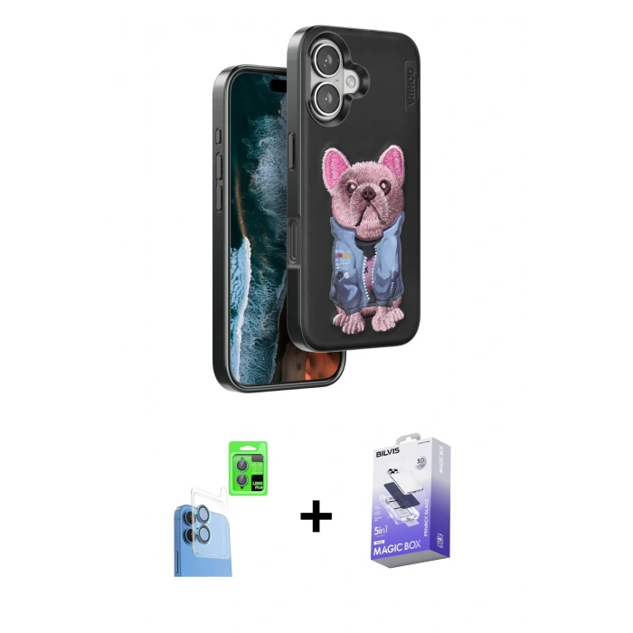 MARSİLYAN™- iPhone 16 Kılıf İz Minimal Koleksiyonu - Siyah Bilvis 5in1 5D Magic Hayalet Cam Ekran Koruyucu + Raze Metal Kamera Lens - LT